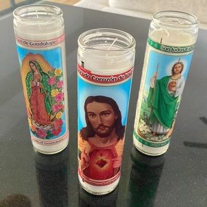 NWT Set of 3 Unscented Religious Glass Jar Prayer Candles  Veladoras Religiosas
